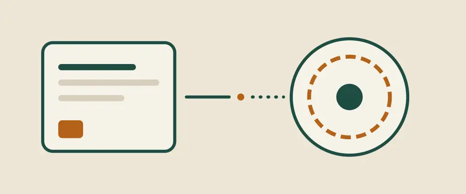A rectangular account card on the left and a round coin on the right, joined by a line with a small gap in the middle